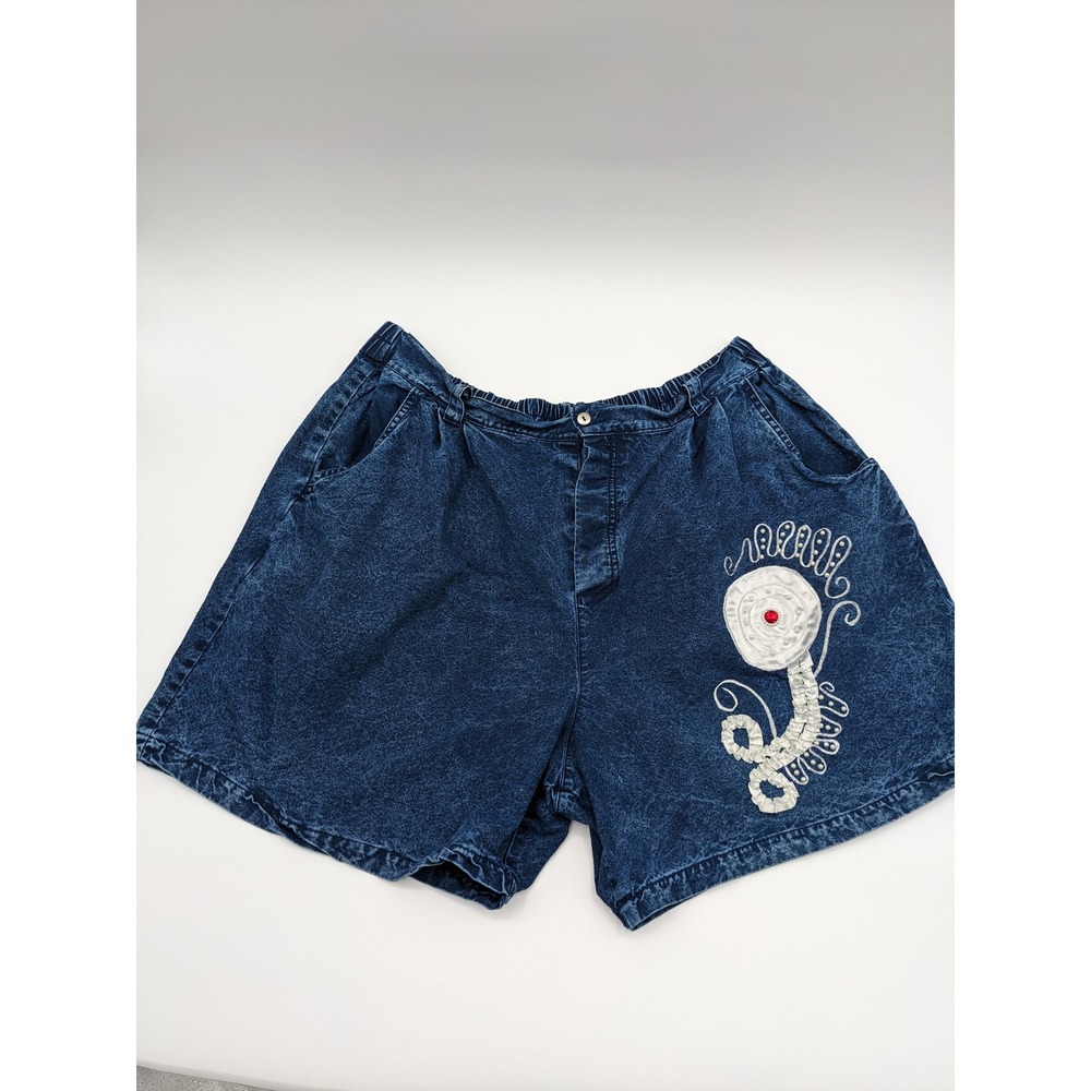 Vintage Acid Wash Denim Shorts 3X Embroidered Faux Pearl Floral High Waist